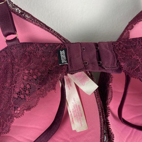 Pink Victoria's Secret Date Wireless Push Up Bra Burgundy Lace Women's 36DDD - Picture 4 of 8